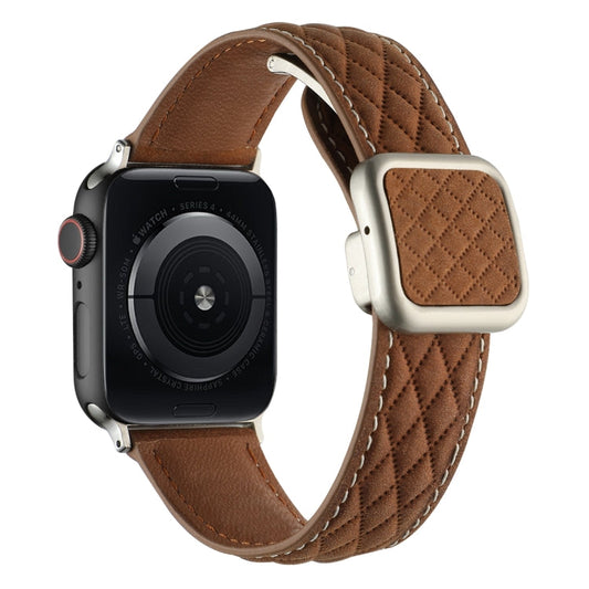 Skorter | For Apple Watch SE 2023 44mm Diamond Pattern Magnetic Square Buckle Leather Watch Band (Dark Brown)