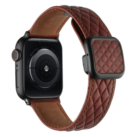 Skorter | For Apple Watch SE 2023 44mm Diamond Pattern Magnetic Square Buckle Leather Strap (Red)