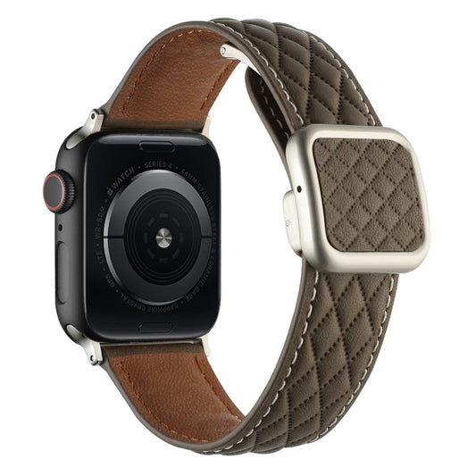 Skorter | For Apple Watch SE 2023 44mm Diamond Pattern Magnetic Square Buckle Leather Watch Band (Brown)