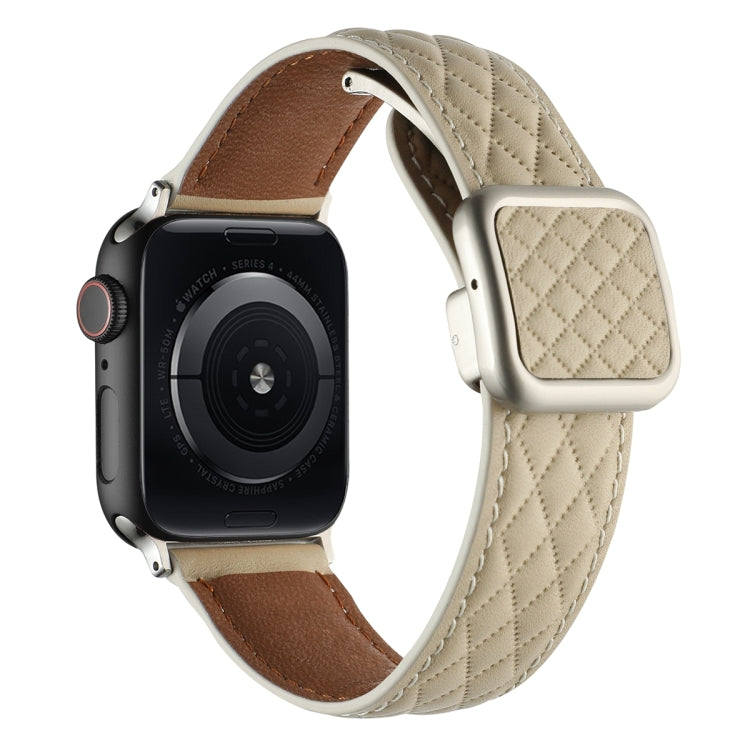 Skorter | For Apple Watch SE 2023 40mm Rhombus Pattern Magnetic Square Buckle Leather Watch Band (Starlight Color)