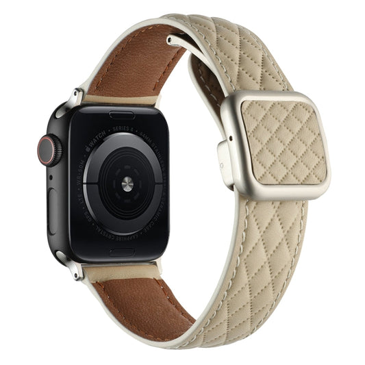 Skorter | For Apple Watch SE 2023 40mm Rhombus Pattern Magnetic Square Buckle Leather Watch Band (Starlight Color)
