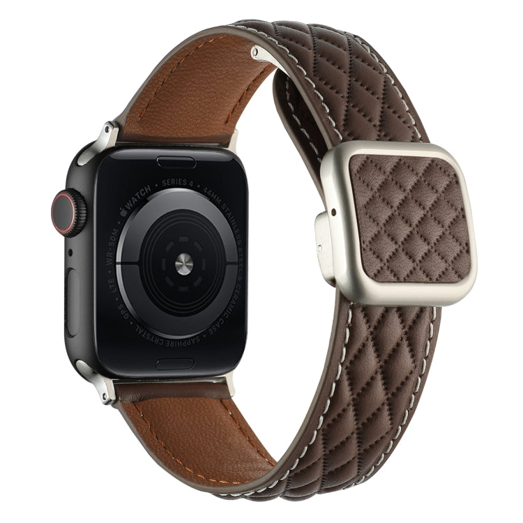Skorter | For Apple Watch SE 2022 44mm Diamond Pattern Magnetic Square Buckle Leather Band (Dark Brown)