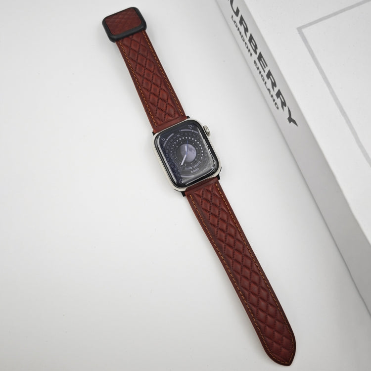 Skorter | For Apple Watch 42mm Rhombus Pattern Magnetic Square Buckle Leather Watch Strap (Red)