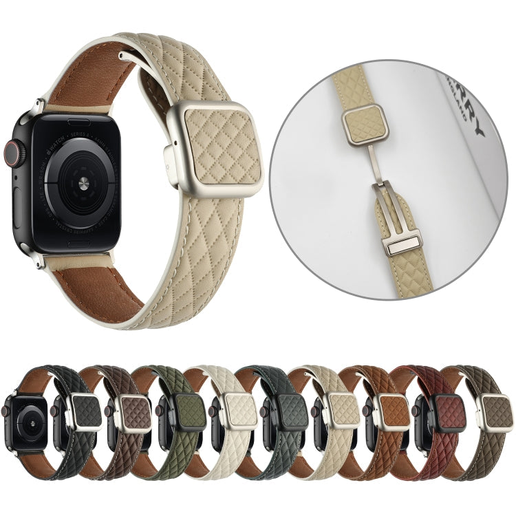 Skorter | For Apple Watch SE 2023 44mm Diamond Pattern Magnetic Square Buckle Leather Watch Band (Brown)