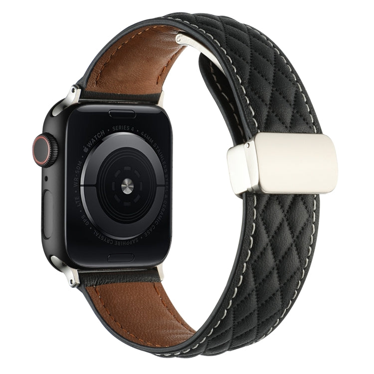 Skorter | For Apple Watch SE 2023 44mm Diamond Pattern Magnetic Folding Closure Leather Watch Band (Black)