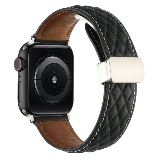 Skorter | For Apple Watch SE 2023 44mm Diamond Pattern Magnetic Folding Closure Leather Watch Band (Black)