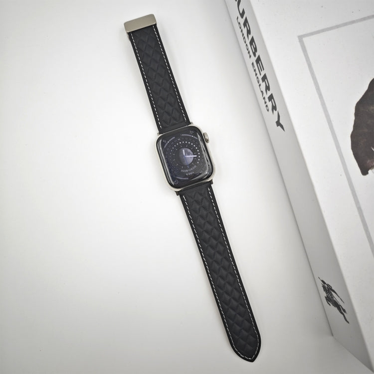 Skorter | For Apple Watch SE 2023 44mm Diamond Pattern Magnetic Folding Closure Leather Watch Band (Black)