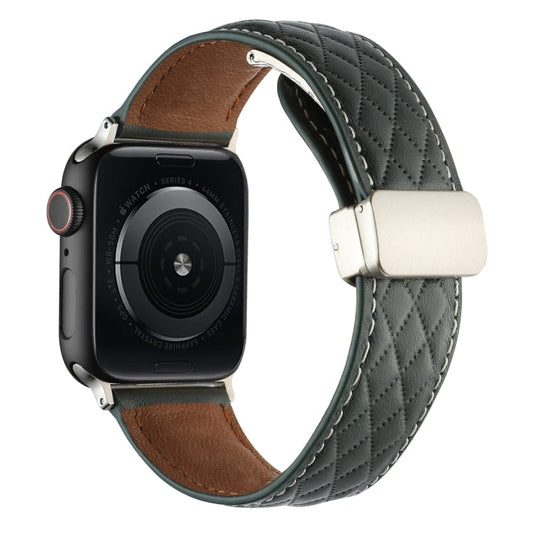 Skorter | For Apple Watch SE 2023 44mm Diamond Pattern Magnetic Folding Closure Leather Watch Band (Dark Green)
