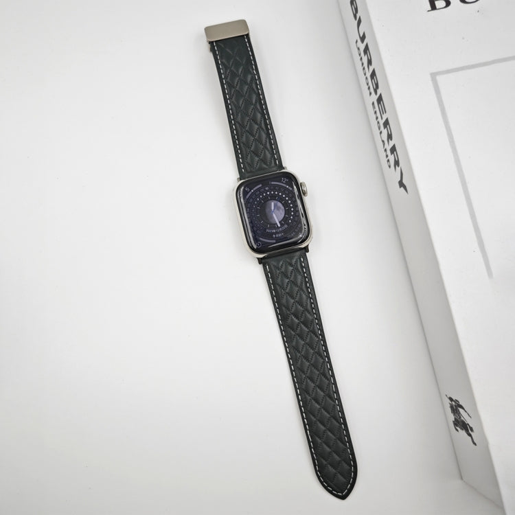 Skorter | For Apple Watch SE 2023 44mm Diamond Pattern Magnetic Folding Closure Leather Watch Band (Dark Green)