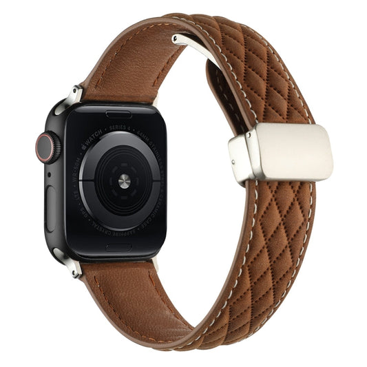 Skorter | For Apple Watch SE 2023 44mm Diamond Pattern Magnetic Folding Buckle Leather Watch Strap (Dark Brown)