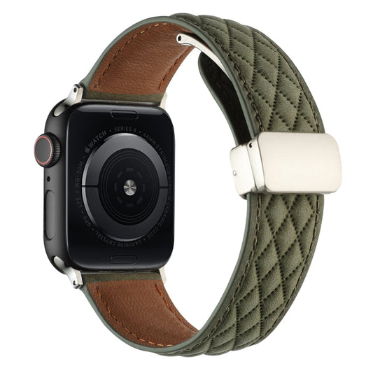 Skorter | For Apple Watch SE 2023 40mm Rhombus Pattern Magnetic Fold Closure Leather Watch Band (Army Green)