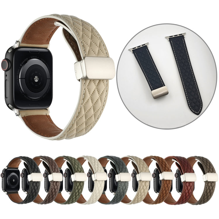 Skorter | For Apple Watch Series 8 45mm Rhombus Pattern Magnetic Fold Clamp Leather Watch Band (Creamy White)