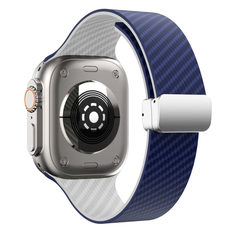 Skorter | For Apple Watch SE 2023 44mm Carbon Fiber Magnetic Silver Buckle Watch Band (Royal Blue White)