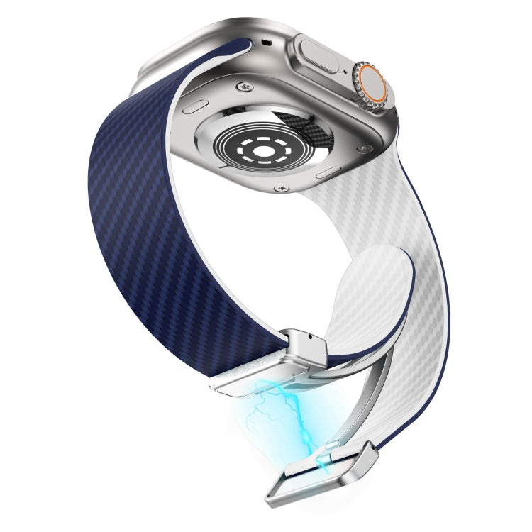 Skorter | For Apple Watch SE 2023 44mm Carbon Fiber Magnetic Silver Buckle Watch Band (Royal Blue White)