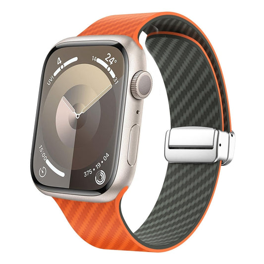 Skorter | For Apple Watch SE 2023 44mm Carbon Fiber Magnetic Silver Buckle Band (Orange Grass)