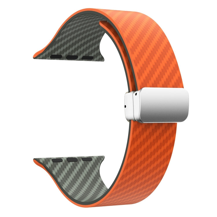 Skorter | For Apple Watch SE 2023 44mm Carbon Fiber Magnetic Silver Buckle Band (Orange Grass)