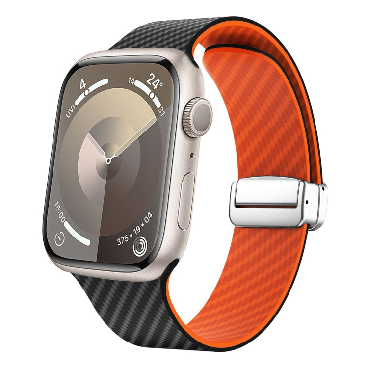 Skorter | For Apple Watch SE 2023 44mm Carbon Fiber Magnetic Silver Buckle Watch Band (Black Orange)
