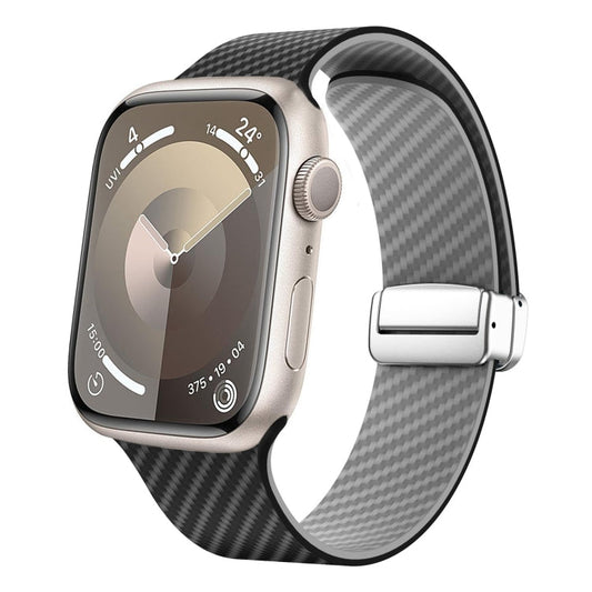 Skorter | For Apple Watch SE 2023 44mm Carbon Fiber Magnetic Silver Buckle Watch Band (Black Gray)