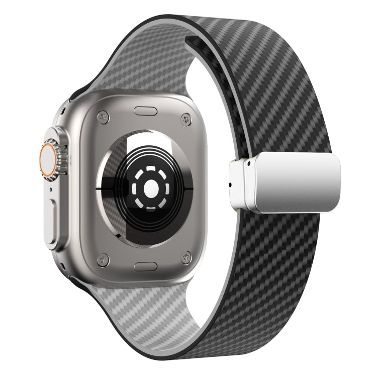 Skorter | For Apple Watch SE 2023 44mm Carbon Fiber Magnetic Silver Buckle Watch Band (Black Gray)