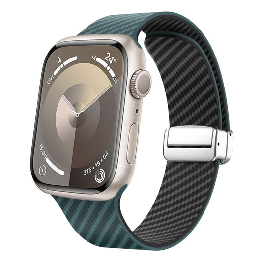 Skorter | For Apple Watch SE 2023 44mm Carbon Fiber Magnetic Silver Buckle Watch Strap (Dark Green Black)