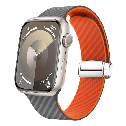 Skorter | For Apple Watch SE 2023 44mm Carbon Fiber Magnetic Silver Buckle Watch Band (Space Grey Orange)