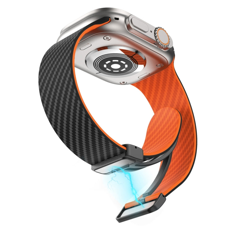 Skorter | For Apple Watch SE 2023 44mm Carbon Fiber Magnet Black Buckle Watch Band (Black Orange)