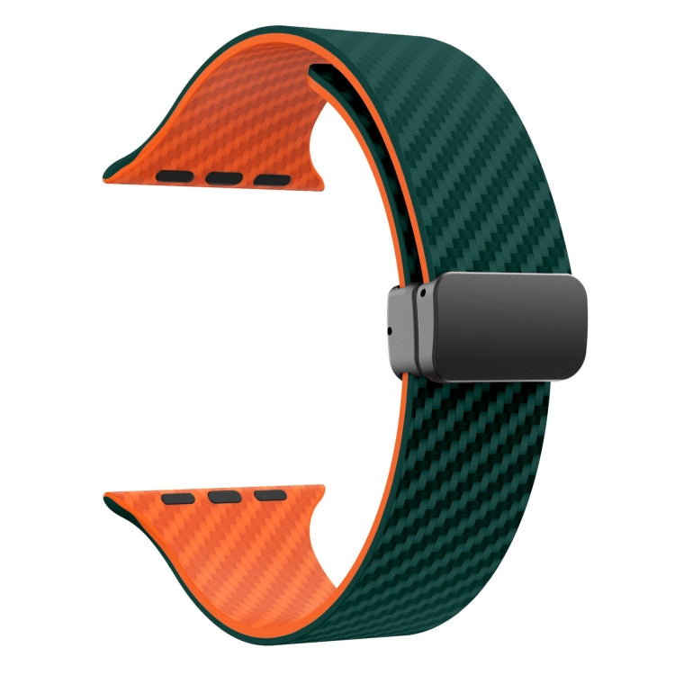 Skorter | For Apple Watch SE 2023 44mm Carbon Fiber Magnetic Black Buckle Watch Band (Dark Green Orange)