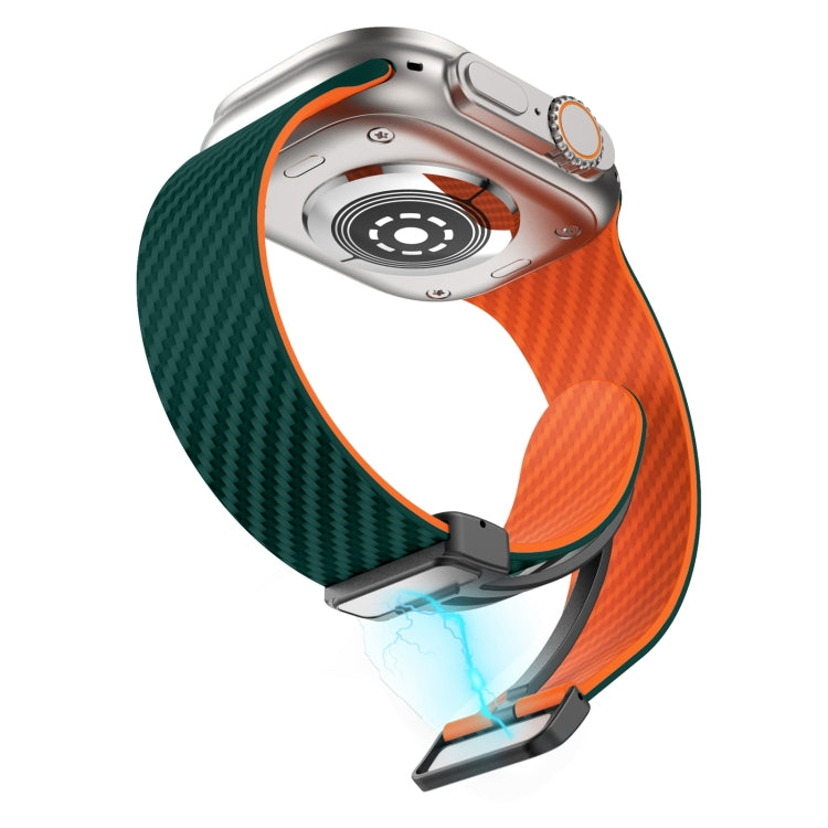 Skorter | For Apple Watch SE 2023 44mm Carbon Fiber Magnetic Black Buckle Watch Band (Dark Green Orange)