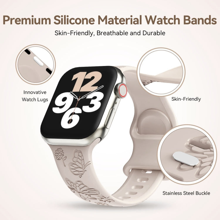 Skorter | For Apple Watch SE 2023 44mm Butterfly Flower Embossing Silicone Watch Band (Starlight)