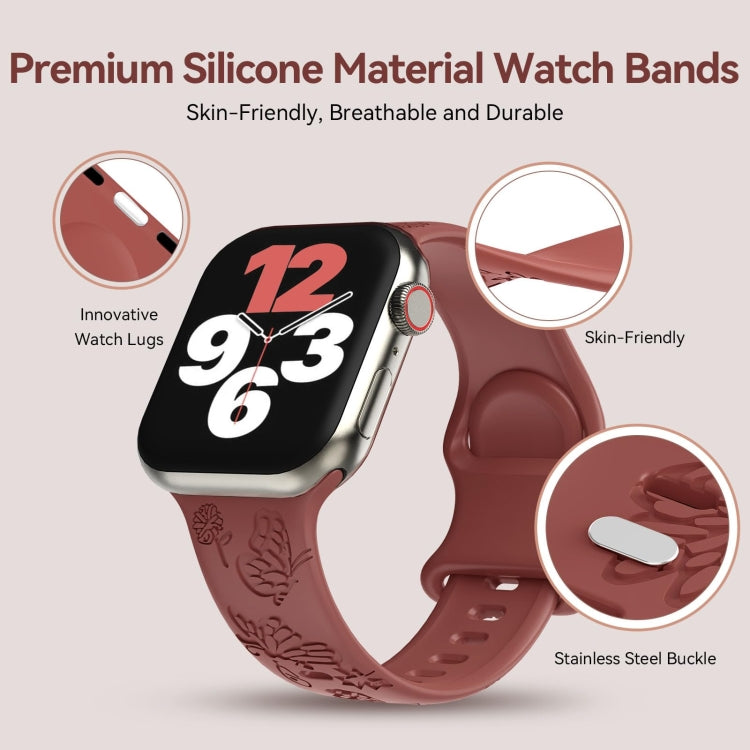 Skorter | For Apple Watch SE 2023 44mm Butterfly Flowers Embossed Silicone Band (Brick Red)