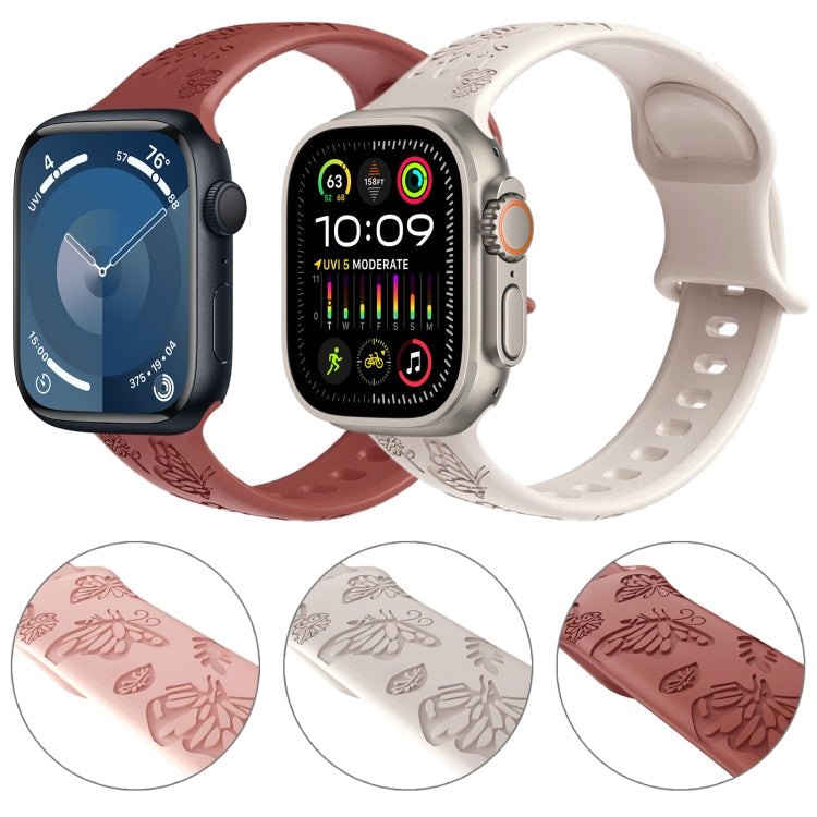 Skorter | For Apple Watch SE 2023 44mm Butterfly Flowers Embossed Silicone Band (Brick Red)