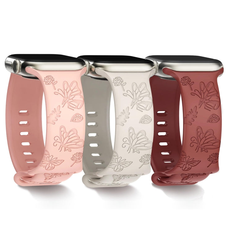 Skorter | For Apple Watch SE 2022 44mm Butterfly Flowers Embossed Silicone Watch Band (Brick Red)