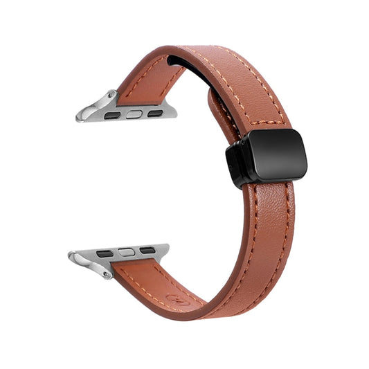 Skorter | For Apple Watch SE 2023 40mm Slim Magnetic Buckle Genuine Leather Watch Strap (Solid Brown)