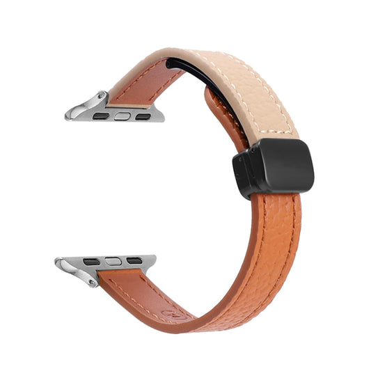 Skorter | For Apple Watch SE 2023 40mm Slim Magnetic Buckle Genuine Leather Watch Band (Litchi Orange Apricot)