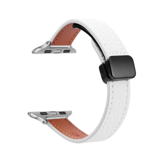 Skorter | For Apple Watch SE 2023 40mm Slim Magnetic Closure Genuine Leather Strap (Litchi Beige)