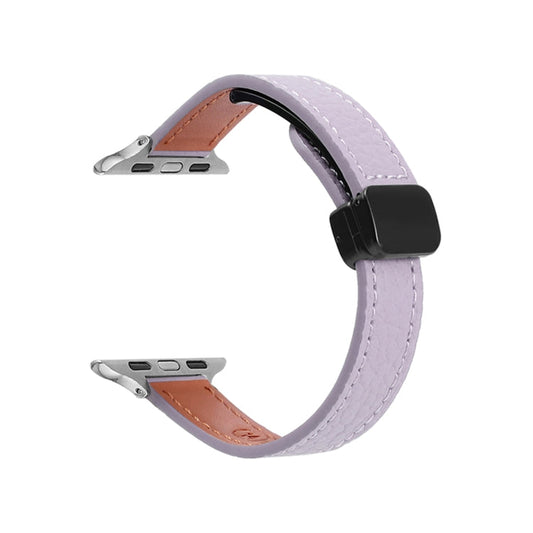 Skorter | For Apple Watch SE 2023 40mm Slim Magnetic Closure Genuine Leather Watch Band (Litchi Lavender)