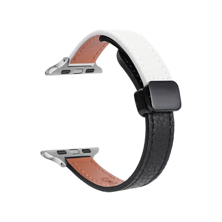 Skorter | For Apple Watch SE 2023 40mm Slim Magnetic Buckle Genuine Leather Watch Band (Litchi Black Beige)