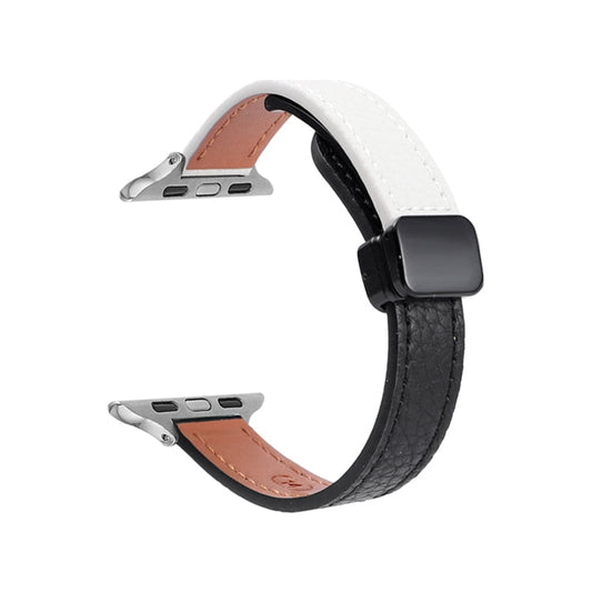 Skorter | For Apple Watch SE 2023 40mm Slim Magnetic Buckle Genuine Leather Watch Band (Litchi Black Beige)