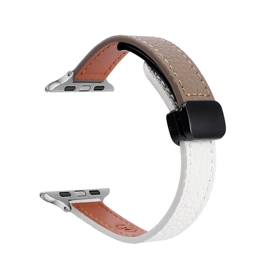 Skorter | For Apple Watch SE 2023 40mm Slim Magnetic Closure Genuine Leather Watch Strap (Litchi Beige Coffee)