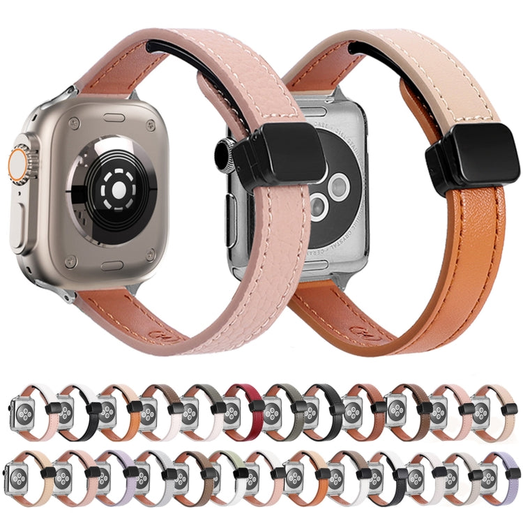 Skorter | For Apple Watch SE 2023 40mm Slim Magnetic Closure Genuine Leather Watch Strap (Litchi Beige Coffee)