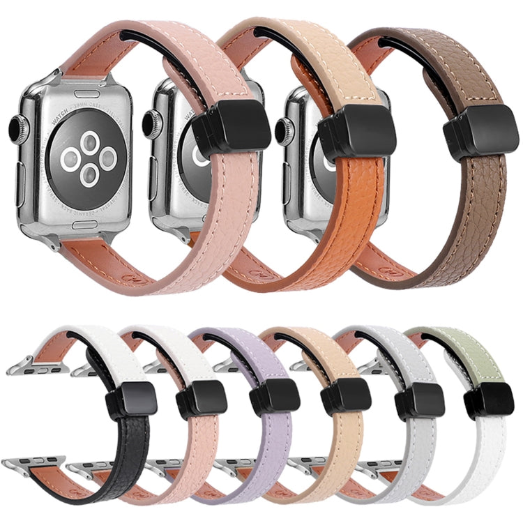 Skorter | For Apple Watch SE 2023 40mm Slim Magnetic Closure Genuine Leather Strap (Litchi Beige)