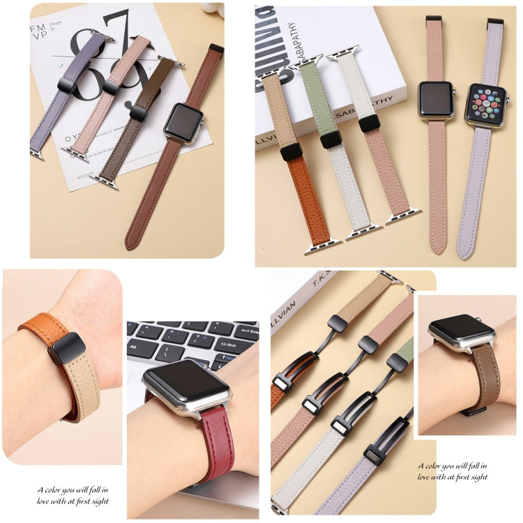 Skorter | For Apple Watch SE 2023 40mm Slim Magnetic Closure Genuine Leather Strap (Litchi Beige)