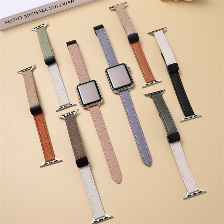 Skorter | For Apple Watch SE 2023 40mm Slim Magnetic Closure Genuine Leather Strap (Litchi Beige)