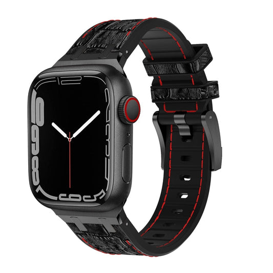 Skorter | For Apple Watch SE 2023 44mm Crocodile Texture Liquid Silicone Watch Strap (Black Red Black)