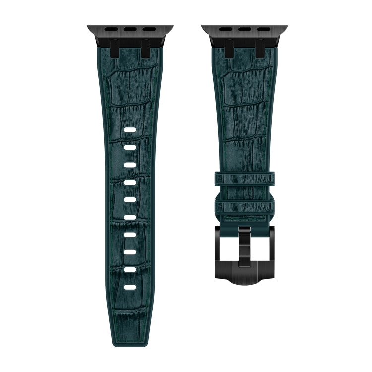 Skorter | For Apple Watch SE 2023 44mm Crocodile Texture Liquid Silicone Watch Band (Black Dark Green)