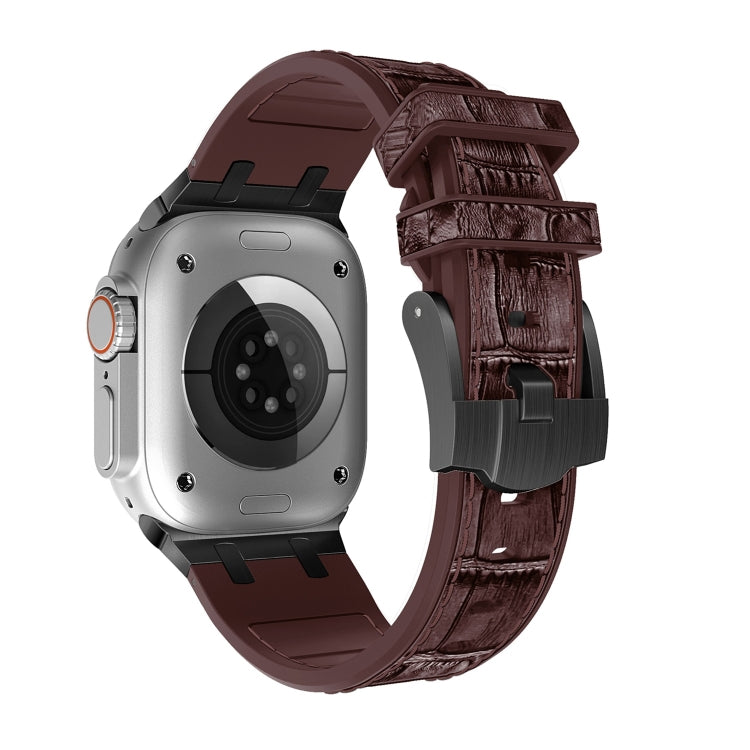 Skorter | For Apple Watch SE 2023 44mm Crocodile Texture Liquid Silicone Watch Band (Black Dark Brown)
