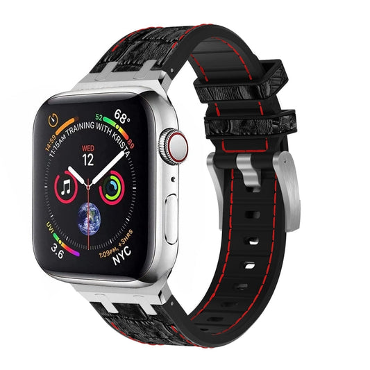 Skorter | For Apple Watch SE 2023 44mm Crocodile Texture Liquid Silicone Band (Silver Red Black)