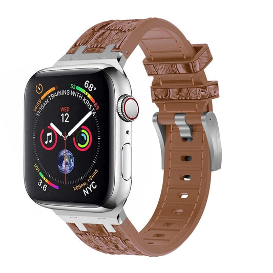 Skorter | For Apple Watch SE 2023 44mm Crocodile Texture Liquid Silicone Watch Strap (Silver Yellow Brown)