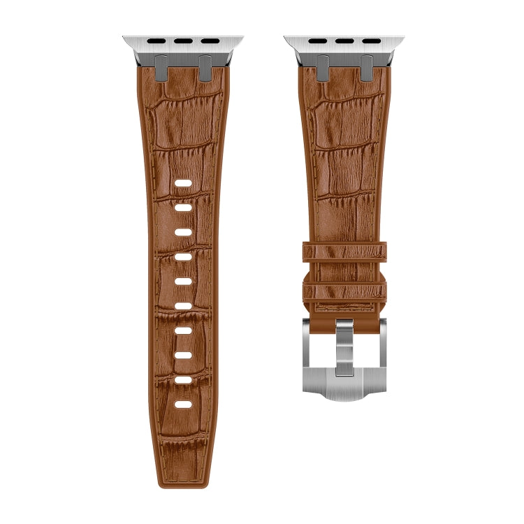 Skorter | For Apple Watch SE 2023 44mm Crocodile Texture Liquid Silicone Watch Strap (Silver Yellow Brown)