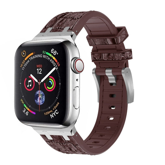 Skorter | For Apple Watch SE 2023 44mm Crocodile Texture Liquid Silicone Watch Band (Silver Dark Brown)